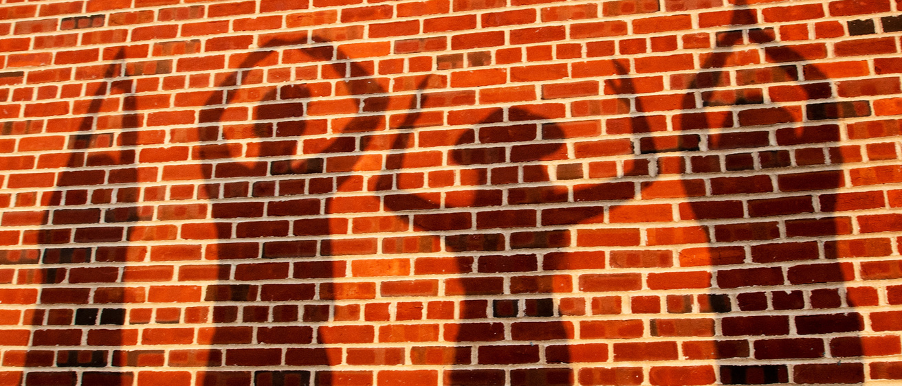 Student shadows' spelling Iowa against brick wall at IMU