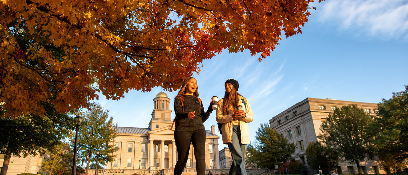 Students walking in the leaves.